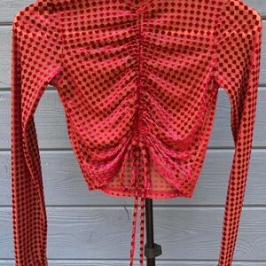 Ruched Checkered Long-Sleeve Crop Top in Pink and Brown